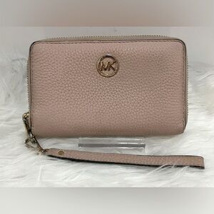 Michael Kors Pink Pebbled Leather Zip-Around Wristlet Wallet MK Logo Clutch